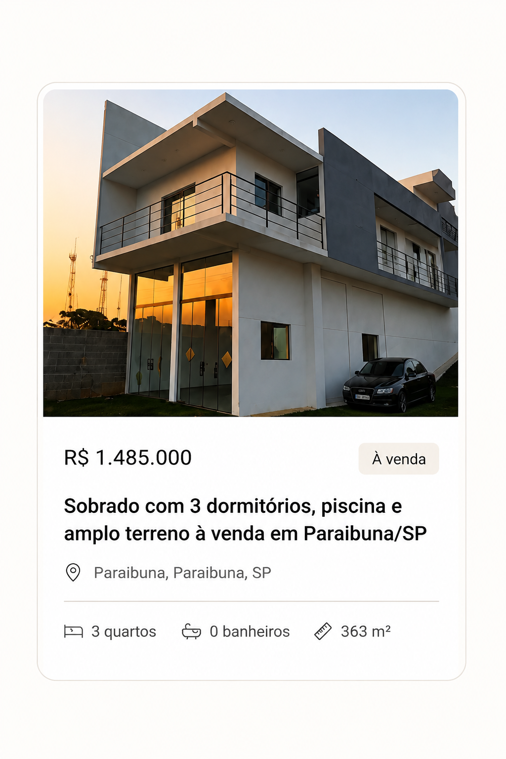 Card de imóvel disponível na plataforma Kazam